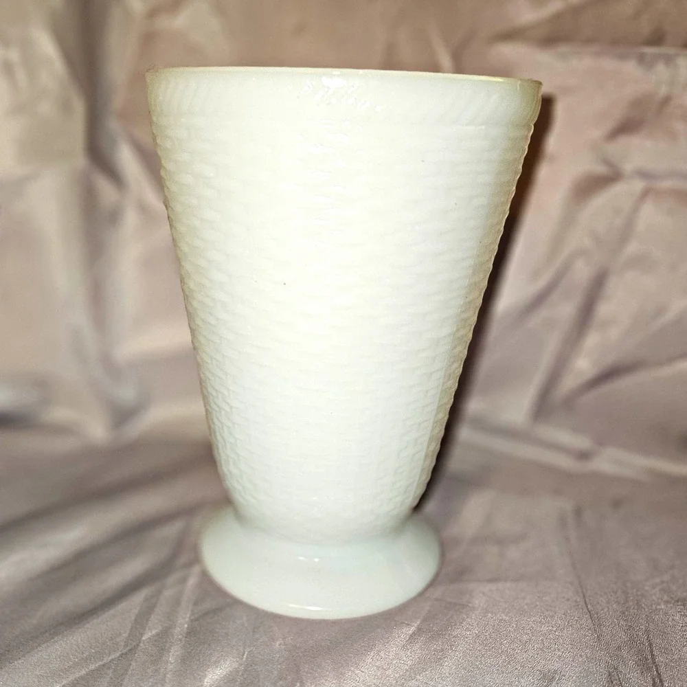 Vintage White Milk Glass Basket Weave Footed Vase 8.5 Inch Tall